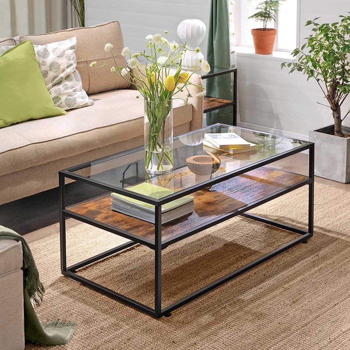 Coffee Table Glass Top Rustic Brown and Black LCT30BX