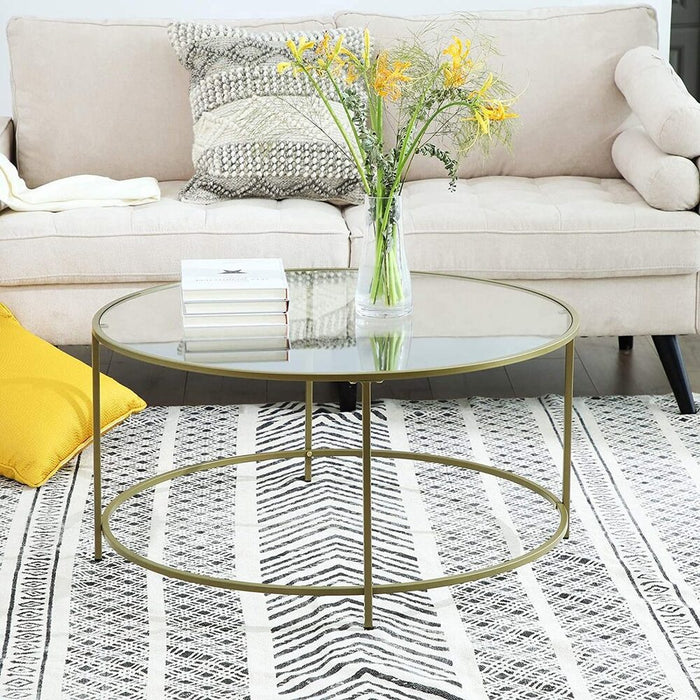 Round Coffee Table Glass Table with Steel Frame Gold LGT21G