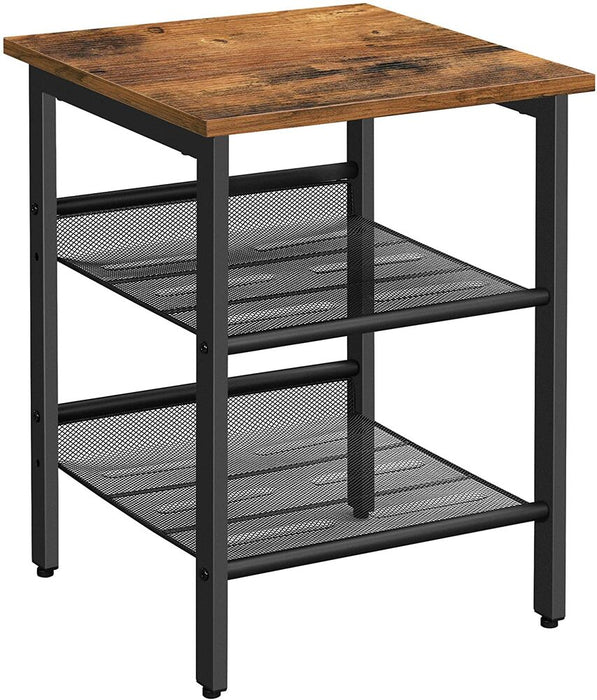 Side Table Nightstand End Table with 2 Adjustable Mesh Shelves Rustic Brown and Black LET23X