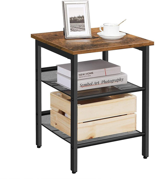 Side Table Nightstand End Table with 2 Adjustable Mesh Shelves Rustic Brown and Black LET23X