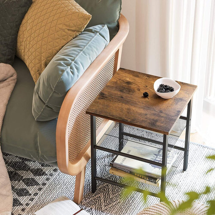 Side Table Nightstand End Table with 2 Adjustable Mesh Shelves Rustic Brown and Black LET23X