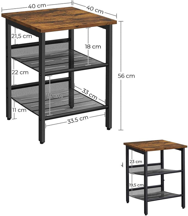 Side Table Nightstand End Table with 2 Adjustable Mesh Shelves Rustic Brown and Black LET23X