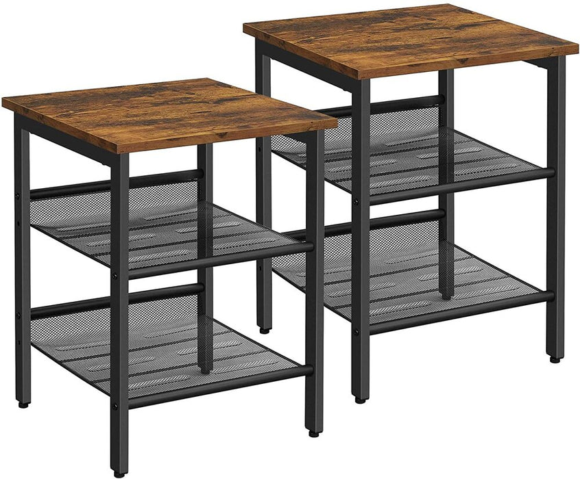 Side Table Set Nightstand Industrial Set of 2 Bedside Tables with Adjustable Mesh Shelves Rustic Brown and Black LET24X