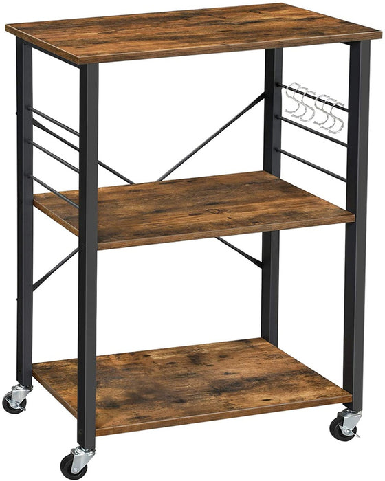 Kitchen Shelf on Wheels Serving Trolley with 3 Shelves Metal Frame with 6 Hook Rustic Brown KKS60XV1