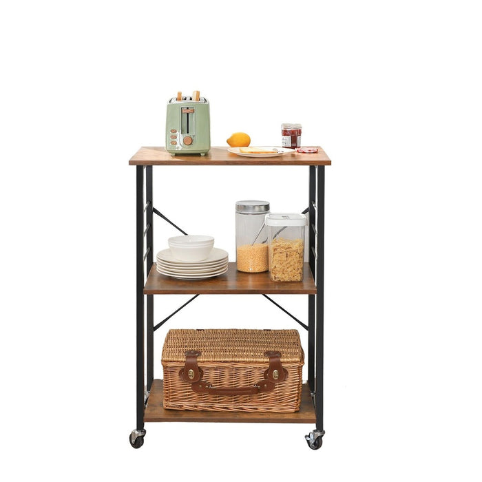 Kitchen Shelf on Wheels Serving Trolley with 3 Shelves Metal Frame with 6 Hook Rustic Brown KKS60XV1