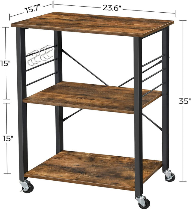 Kitchen Shelf on Wheels Serving Trolley with 3 Shelves Metal Frame with 6 Hook Rustic Brown KKS60XV1