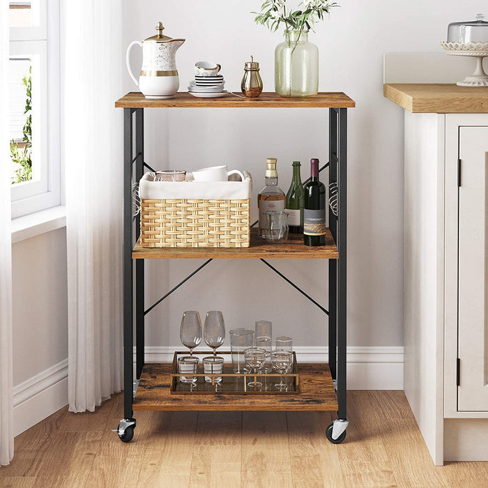 Kitchen Shelf on Wheels Serving Trolley with 3 Shelves Metal Frame with 6 Hook Rustic Brown KKS60XV1