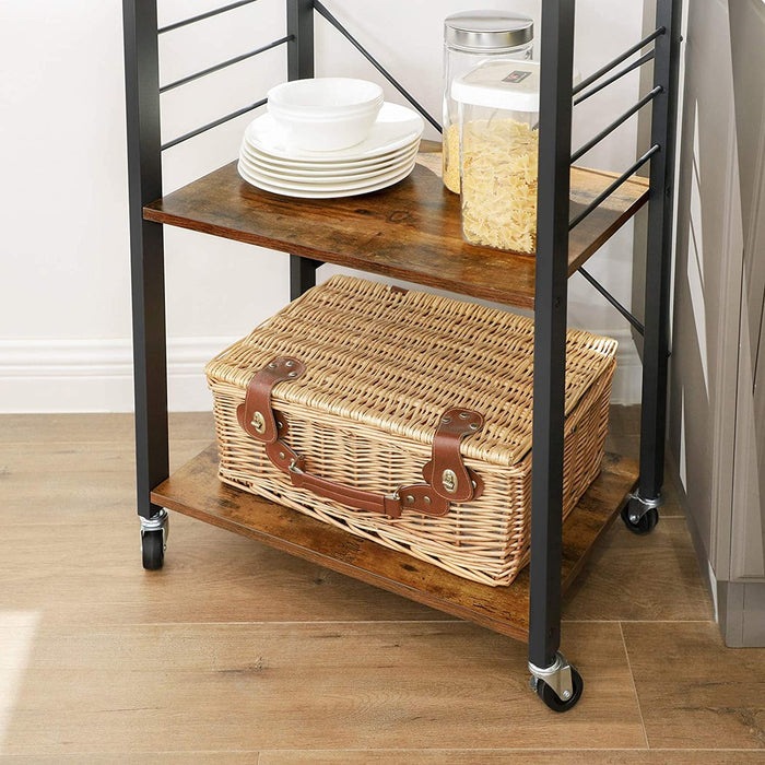 Kitchen Shelf on Wheels Serving Trolley with 3 Shelves Metal Frame with 6 Hook Rustic Brown KKS60XV1