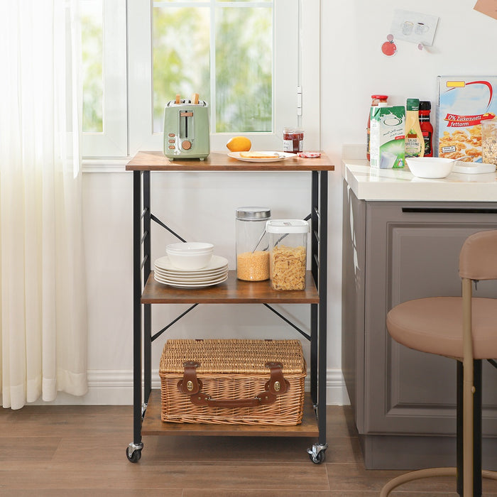 Kitchen Shelf on Wheels Serving Trolley with 3 Shelves Metal Frame with 6 Hook Rustic Brown KKS60XV1