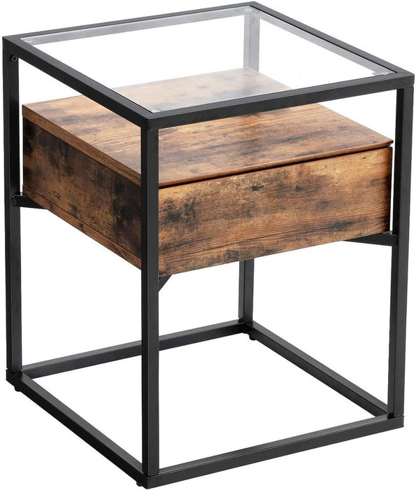 Side Table Tempered Glass End Table with Drawer and Shelf Rustic Brown and Black LET04BX