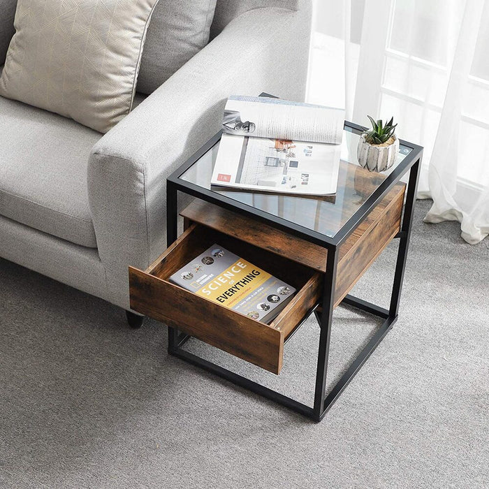 Side Table Tempered Glass End Table with Drawer and Shelf Rustic Brown and Black LET04BX