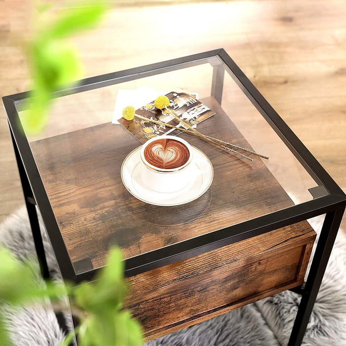 Side Table Tempered Glass End Table with Drawer and Shelf Rustic Brown and Black LET04BX