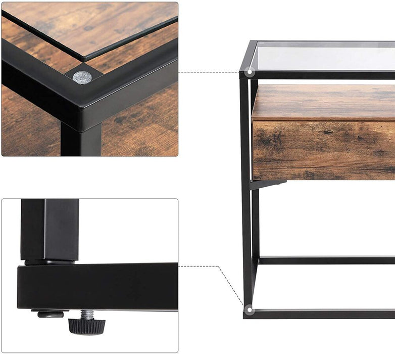 Side Table Tempered Glass End Table with Drawer and Shelf Rustic Brown and Black LET04BX