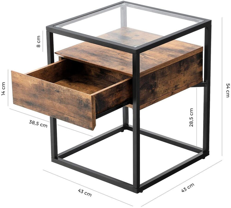 Side Table Tempered Glass End Table with Drawer and Shelf Rustic Brown and Black LET04BX