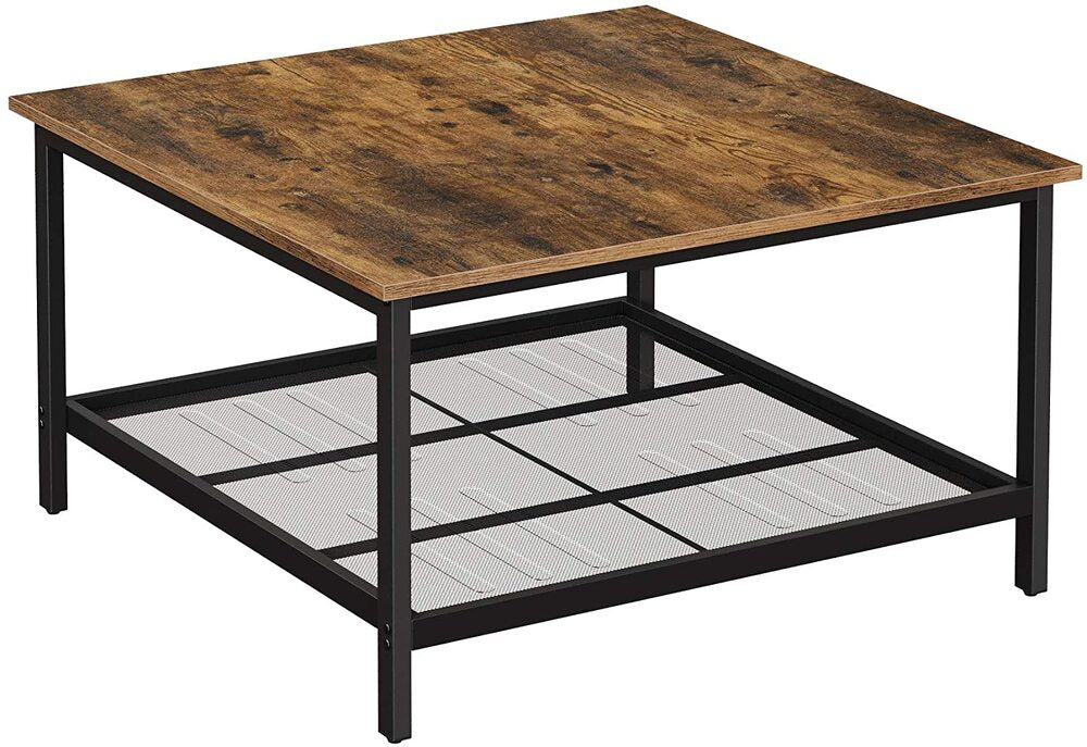 Coffee Table Square Cocktail Table with Spacious Table Top Robust Steel Frame and Mesh Storage Shelf Industrial Style for Living Room Rustic Brown and Black LCT065B01