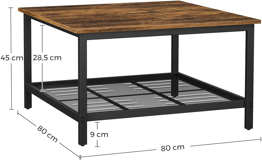 Coffee Table Square Cocktail Table with Spacious Table Top Robust Steel Frame and Mesh Storage Shelf Industrial Style for Living Room Rustic Brown and Black LCT065B01