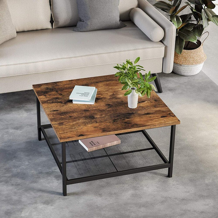 Coffee Table Square Cocktail Table with Spacious Table Top Robust Steel Frame and Mesh Storage Shelf Industrial Style for Living Room Rustic Brown and Black LCT065B01