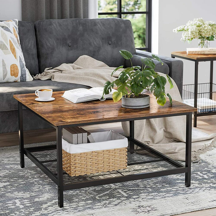 Coffee Table Square Cocktail Table with Spacious Table Top Robust Steel Frame and Mesh Storage Shelf Industrial Style for Living Room Rustic Brown and Black LCT065B01