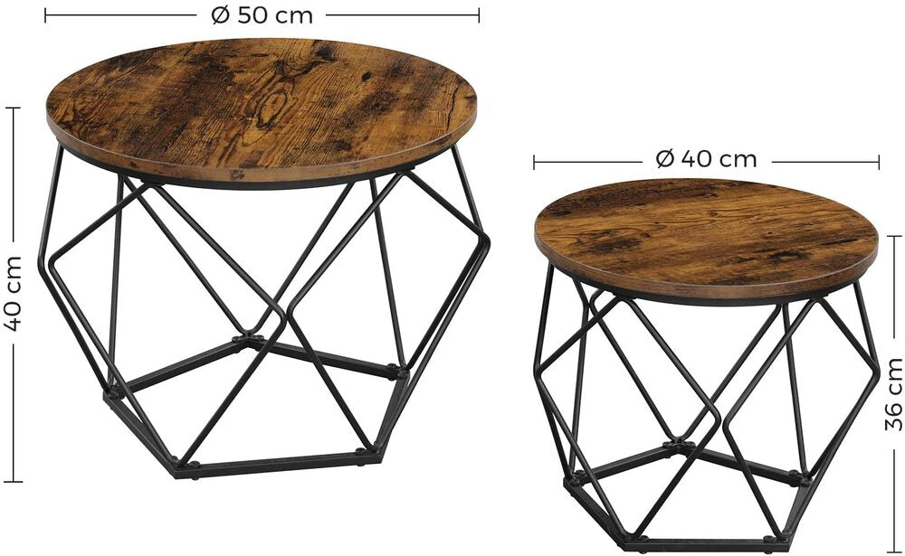 Coffee Tables Set of 2 Side Tables Robust Steel Frame for Living Room Bedroom Rustic Brown and Black LET040B01