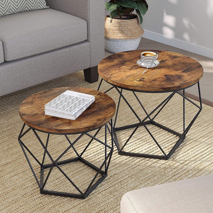 Coffee Tables Set of 2 Side Tables Robust Steel Frame for Living Room Bedroom Rustic Brown and Black LET040B01