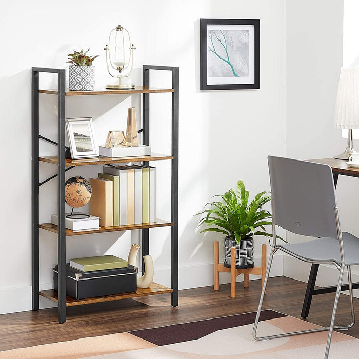 4-Tier Bookshelf Storage Rack with Steel Frame for Living Room Office Study Hallway Industrial Style Rustic Brown and Black LLS60BX