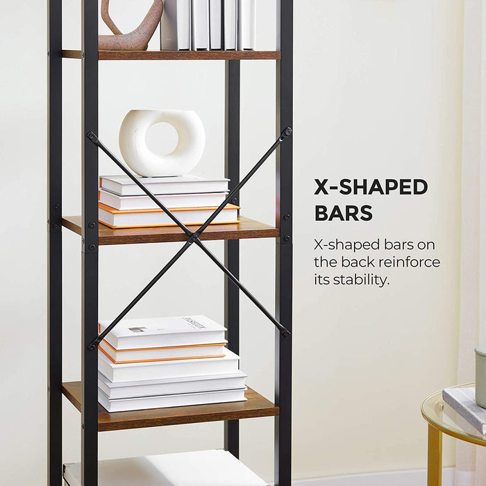 5-Tier Bookshelf Storage Rack with Steel Frame for Living Room Office Study Hallway Industrial Style Rustic Brown and Black LLS100B01