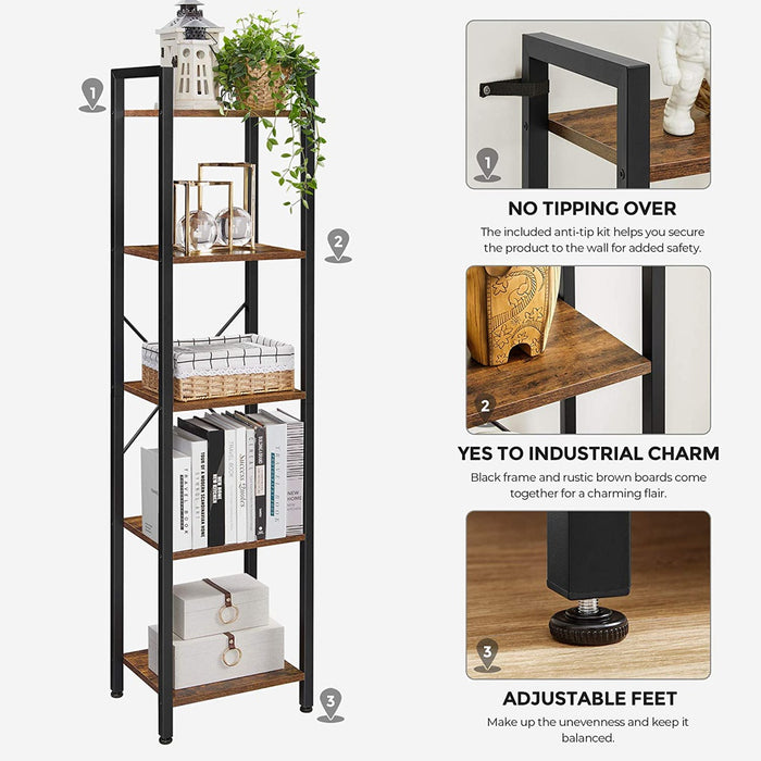 5-Tier Bookshelf Storage Rack with Steel Frame for Living Room Office Study Hallway Industrial Style Rustic Brown and Black LLS100B01