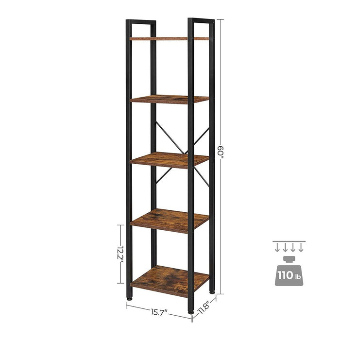 5-Tier Bookshelf Storage Rack with Steel Frame for Living Room Office Study Hallway Industrial Style Rustic Brown and Black LLS100B01