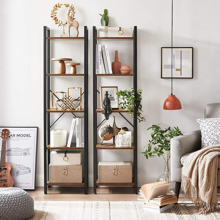 5-Tier Bookshelf Storage Rack with Steel Frame for Living Room Office Study Hallway Industrial Style Rustic Brown and Black LLS100B01