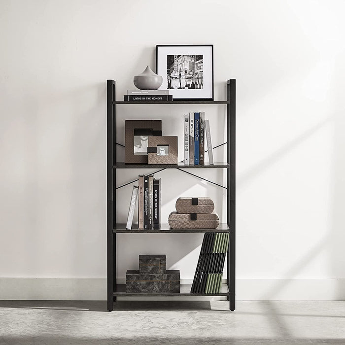 4-Tier Bookshelf Storage Rack with Steel Frame for Living Room Office Study Hallway Industrial Style Charcoal Grey and Black LLS060B04