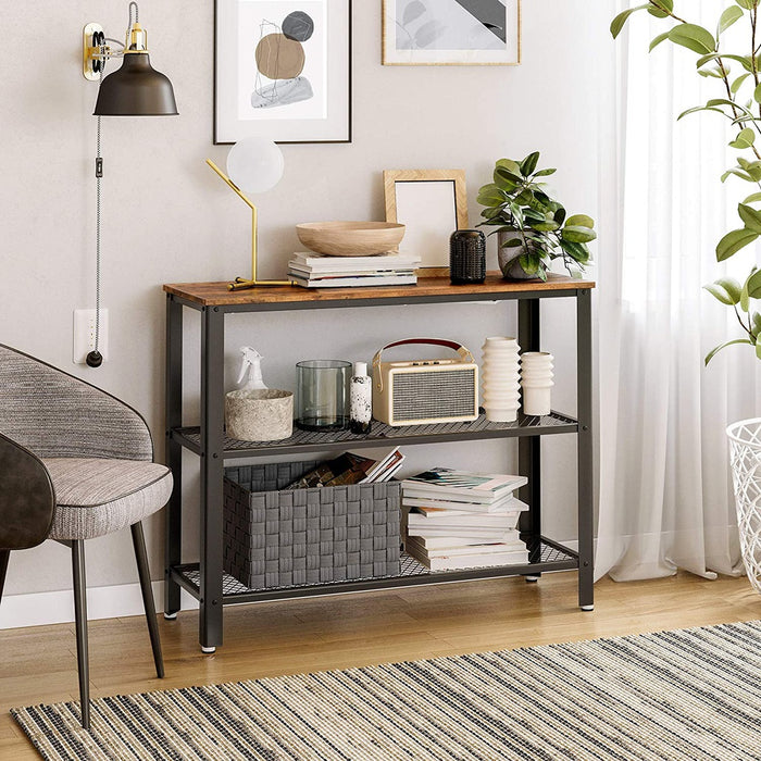 Industrial Console Table with 2 Mesh Shelves Rustic Brown and Black LNT81BX