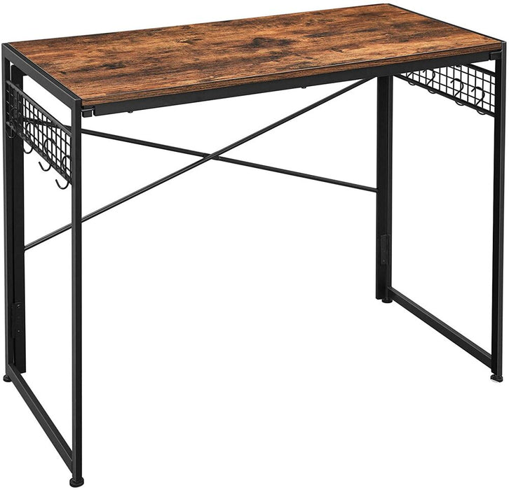 Computer Desk Folding Writing Desk with 8 Hooks Rustic Brown and Black LWD42X