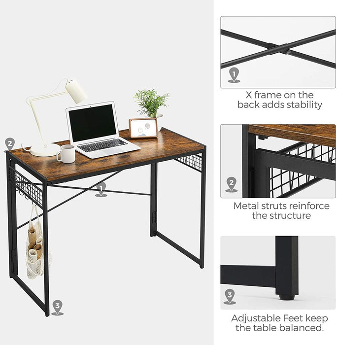 Computer Desk Folding Writing Desk with 8 Hooks Rustic Brown and Black LWD42X