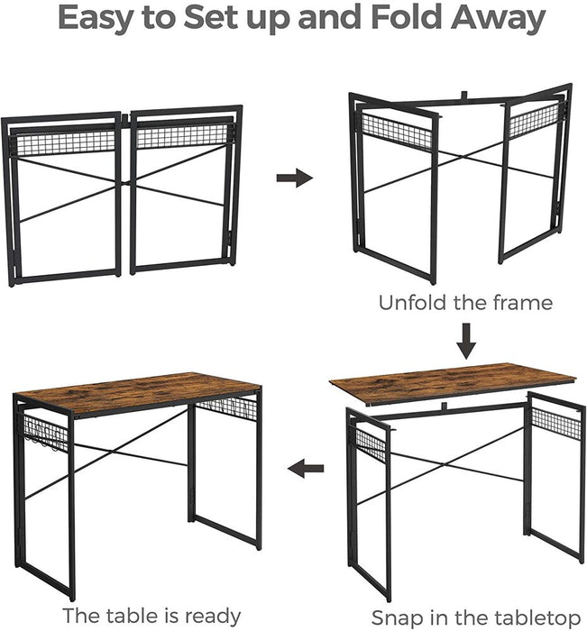 Computer Desk Folding Writing Desk with 8 Hooks Rustic Brown and Black LWD42X