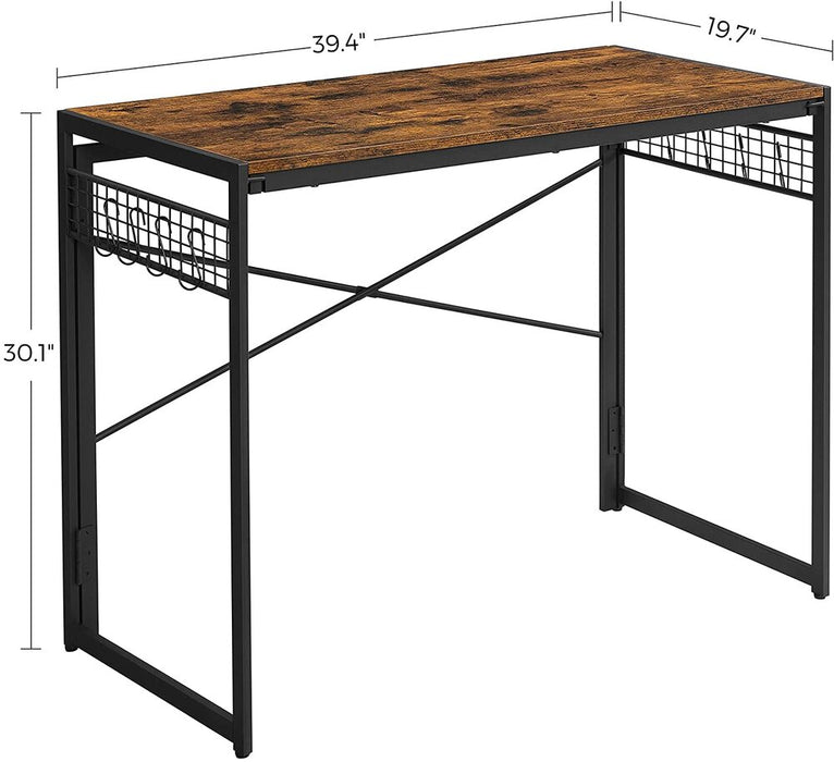 Computer Desk Folding Writing Desk with 8 Hooks Rustic Brown and Black LWD42X