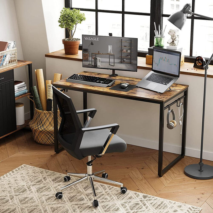 Computer Desk Writing Desk with 8 Hooks Rustic Brown and Black LWD58X