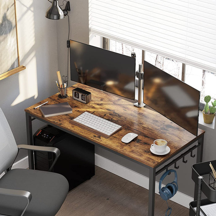 Computer Desk Writing Desk with 8 Hooks Rustic Brown and Black LWD58X