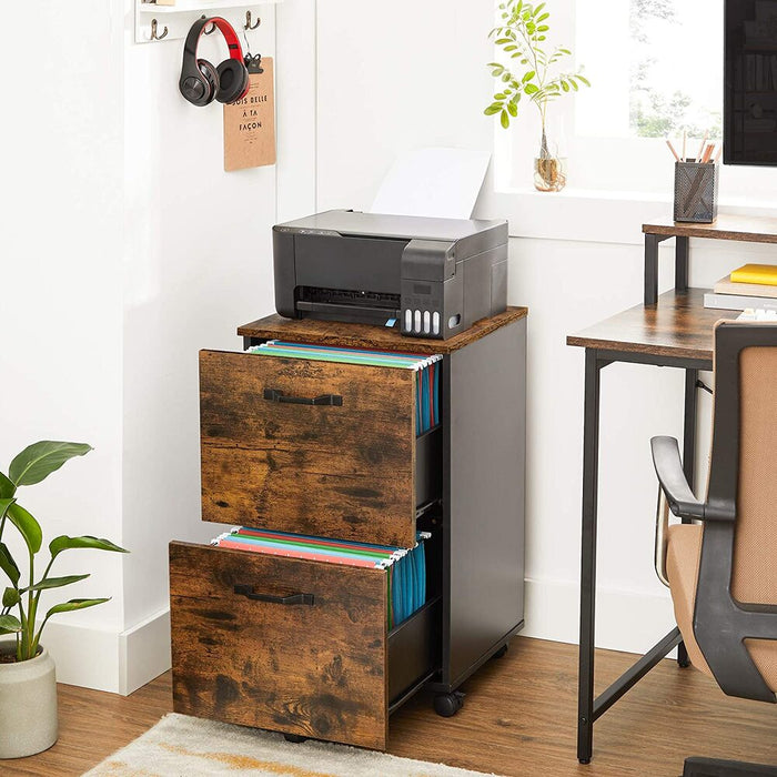 File Cabinet with 2 Drawers Rolling Office Filing Cabinet with Wheels Rustic Brown and Black OFC040B01