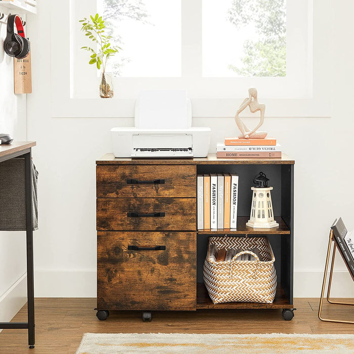 File Cabinet with 3 Drawer Mobile Lateral Filing Cabinet with Open Compartments Rustic Brown and Black OFC041B01