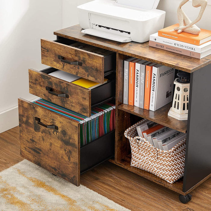 File Cabinet with 3 Drawer Mobile Lateral Filing Cabinet with Open Compartments Rustic Brown and Black OFC041B01