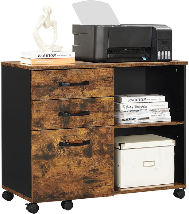 File Cabinet with 3 Drawer Mobile Lateral Filing Cabinet with Open Compartments Rustic Brown and Black OFC041B01