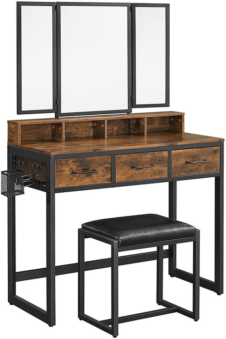 Dresser Table with Trifold Mirror Rustic Brown and Black RVT004B01