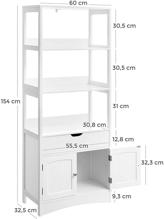 Floor Cabinet with Drawer 3 Open Shelves and Double Doors White BBC67WT