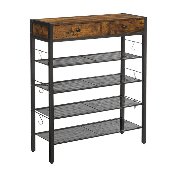 INDESTIC Shoe Rack Organizer 2 Drawers and 4 Shelves Industrial Rustic Brown and Black