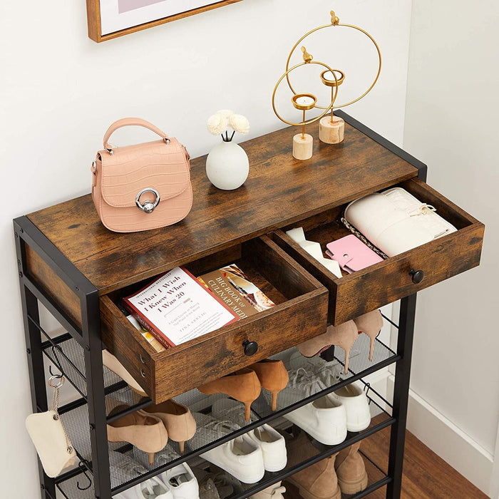 INDESTIC Shoe Rack Organizer 2 Drawers and 4 Shelves Industrial Rustic Brown and Black