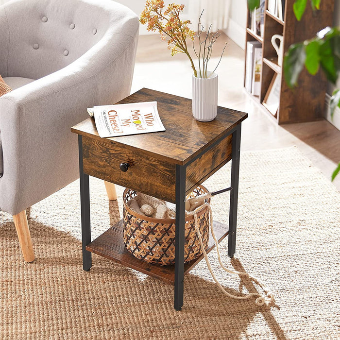 End Table with Drawer and Shelf Rustic Brown and Black LET55BXV1