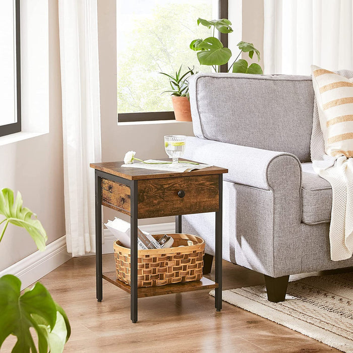 End Table with Drawer and Shelf Rustic Brown and Black LET55BXV1