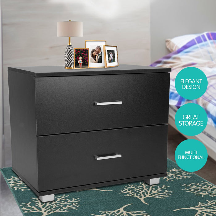 Bedside Table Cabinet Storage Chest 2 Drawers Lamp Side Nightstand - Black