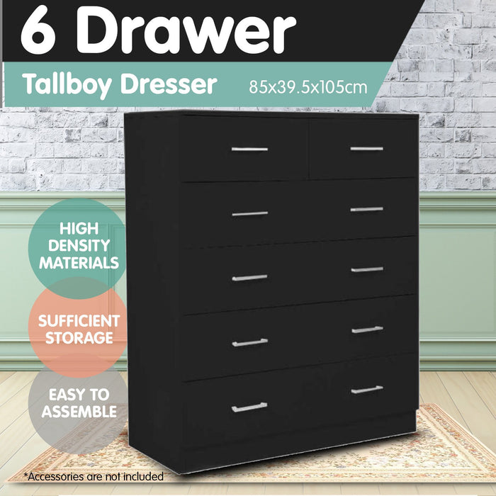 Tallboy Dresser 6 Chest Of Drawers Table Cabinet Bedroom Storage Black