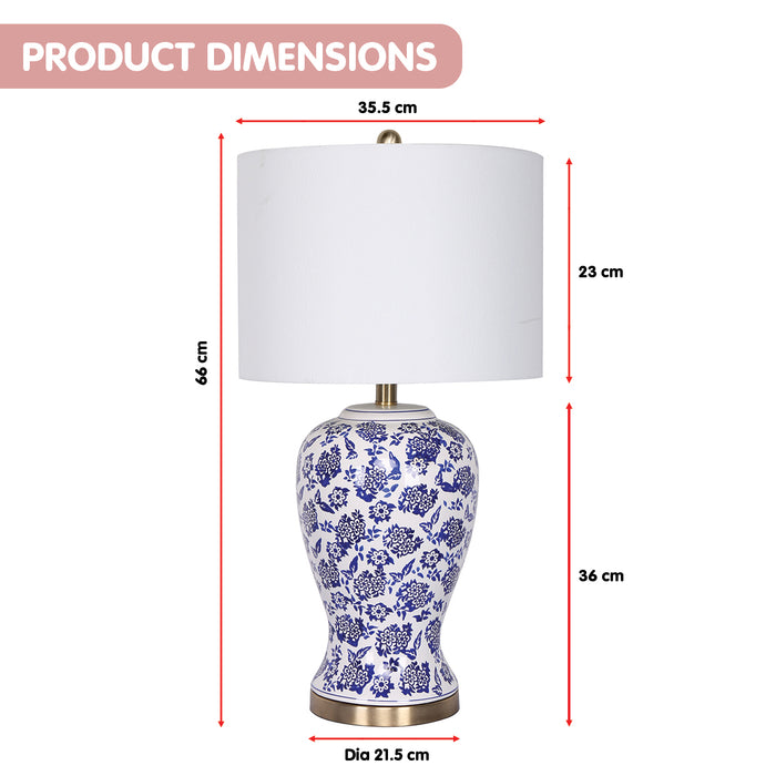 Table Lamp Ceramic Floral Base Cotton Drum Shade